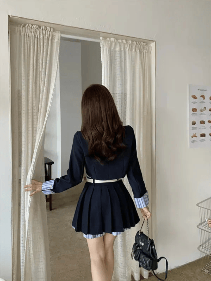 Navy Blue Academy Style Kawaii Set/ Two Short Cardigan Half Skirt Two Piece Seta