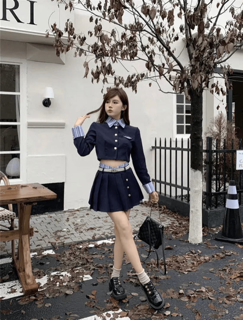 Navy Blue Academy Style Kawaii Set/ Two Short Cardigan Half Skirt Two Piece Seta