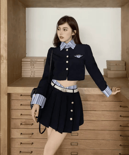 Navy Blue Academy Style Kawaii Set/ Two Short Cardigan Half Skirt Two Piece Seta