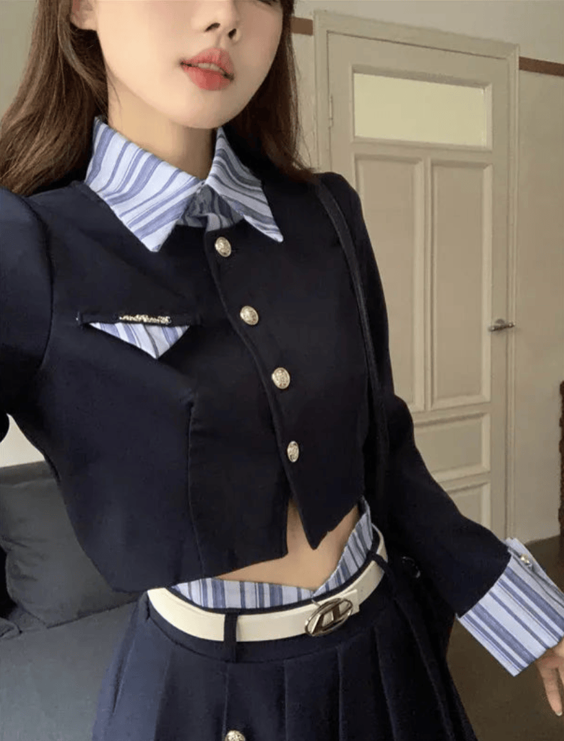 Navy Blue Academy Style Kawaii Set/ Two Short Cardigan Half Skirt Two Piece Seta