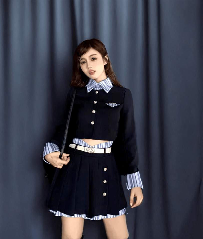 Navy Blue Academy Style Kawaii Set/ Two Short Cardigan Half Skirt Two Piece Seta