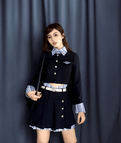 Navy Blue Academy Style Kawaii Set/ Two Short Cardigan Half Skirt Two Piece Seta