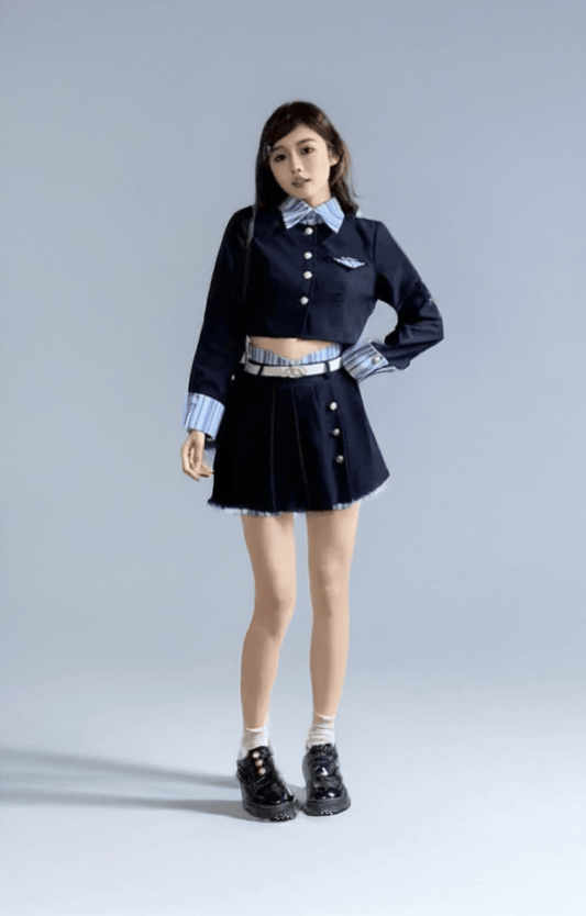 Navy Blue Academy Style Kawaii Set/ Two Short Cardigan Half Skirt Two Piece Seta