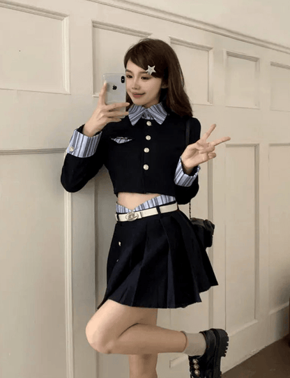 Navy Blue Academy Style Kawaii Set/ Two Short Cardigan Half Skirt Two Piece Seta