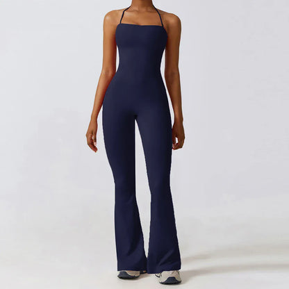 Navy Blue / S Women Sleeveless Yoga Jumpsuit/ Gym Flared Overalls (Victorious SynthWave)