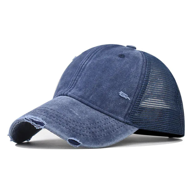 Navy Washed Cotton Mesh Breathable Baseball Cap / Old Ripped Caps Men and Women