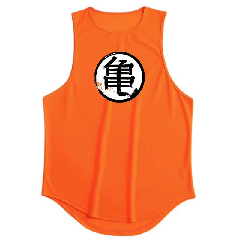 Orange / S Japanese Turtle Script Printed Mens Gym Tank Top / Quick Dry Bodybuilding Tank Top