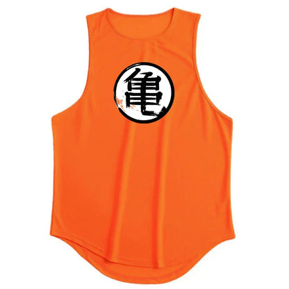 Orange / S Japanese Turtle Script Printed Mens Gym Tank Top / Quick Dry Bodybuilding Tank Top
