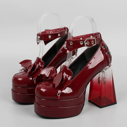 Original Ladies Elegant Paltform Pump Shoes High Heels Round Head Thick Heel Rivets Waterproof Table Women's Leather Shoes