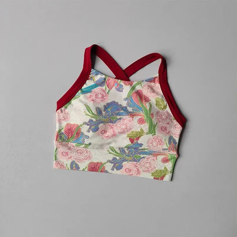 Peony Red / S Women Cross Strap Nature Pattern Sports Bra/ Yoga Gym Crop Top