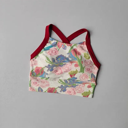 Peony Red / S Women Cross Strap Nature Pattern Sports Bra/ Yoga Gym Crop Top