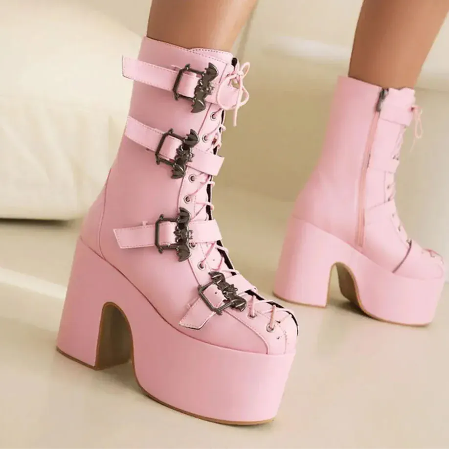 pink 2 / 6.5 Punk Goth Women Motorcycle Boots Block /High Heels Platform Shoes
