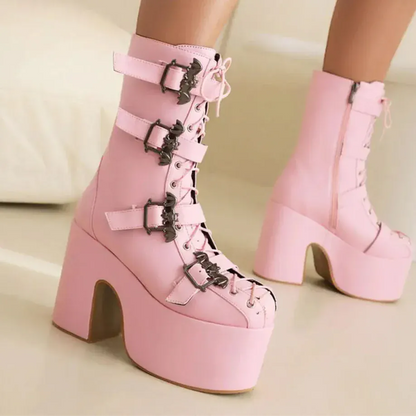 pink 2 / 6.5 Punk Goth Women Motorcycle Boots Block /High Heels Platform Shoes