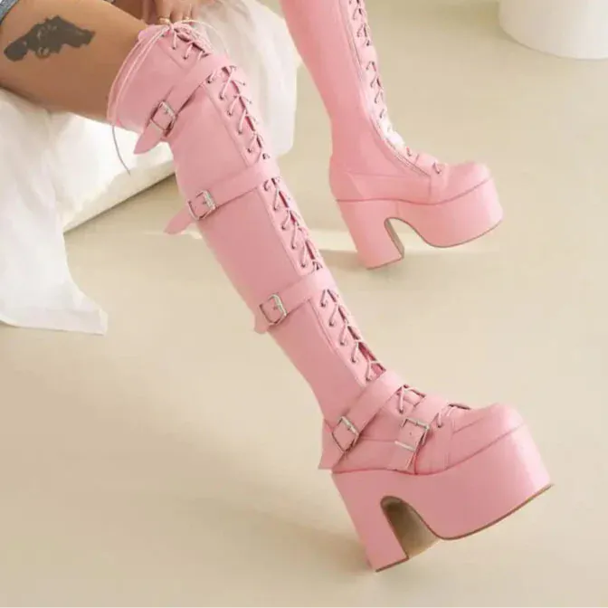Pink / 6.5 Punk Goth Women Motorcycle Boots Block /High Heels Platform Shoes