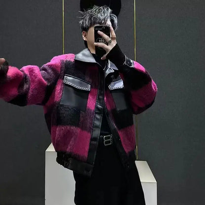 Pink / L Gmiixder Y2K Punk Streetwear Jacket Women Men Green Checkered Fleece Coat Rivet Decor Spliced Leather Sleeve Hip Hop Jacket
