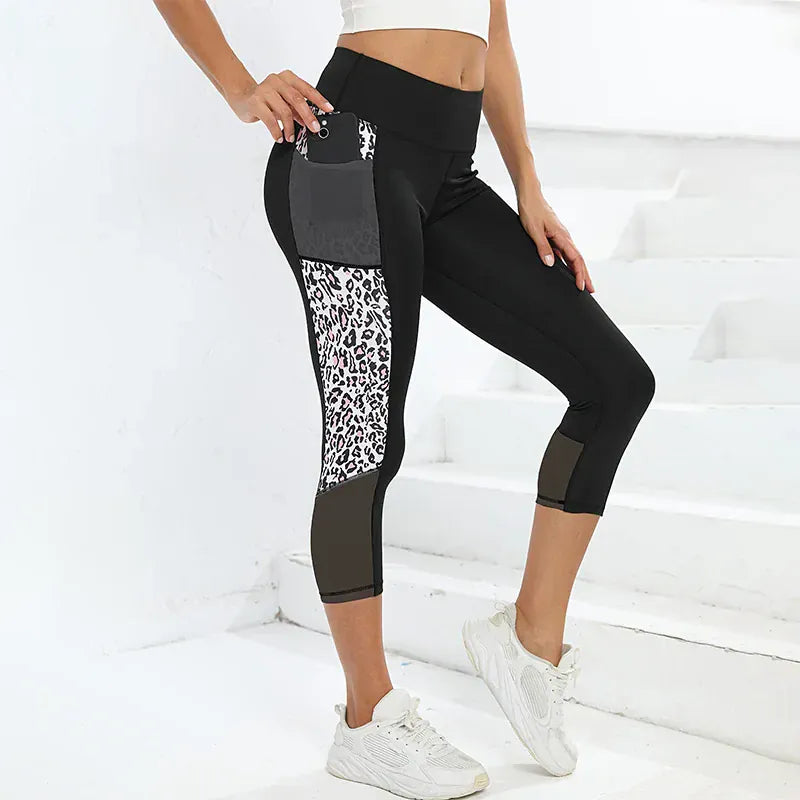 Pink Leopard / S Marble Print Sports Leggings With Pockets (Victorious AetherFrame)