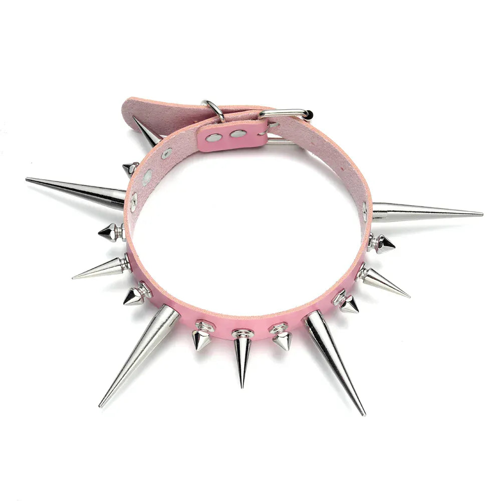 pink Long Spike Choker Punk Faux Leather Collar For Women & Men / Goth Necklace Accessories
