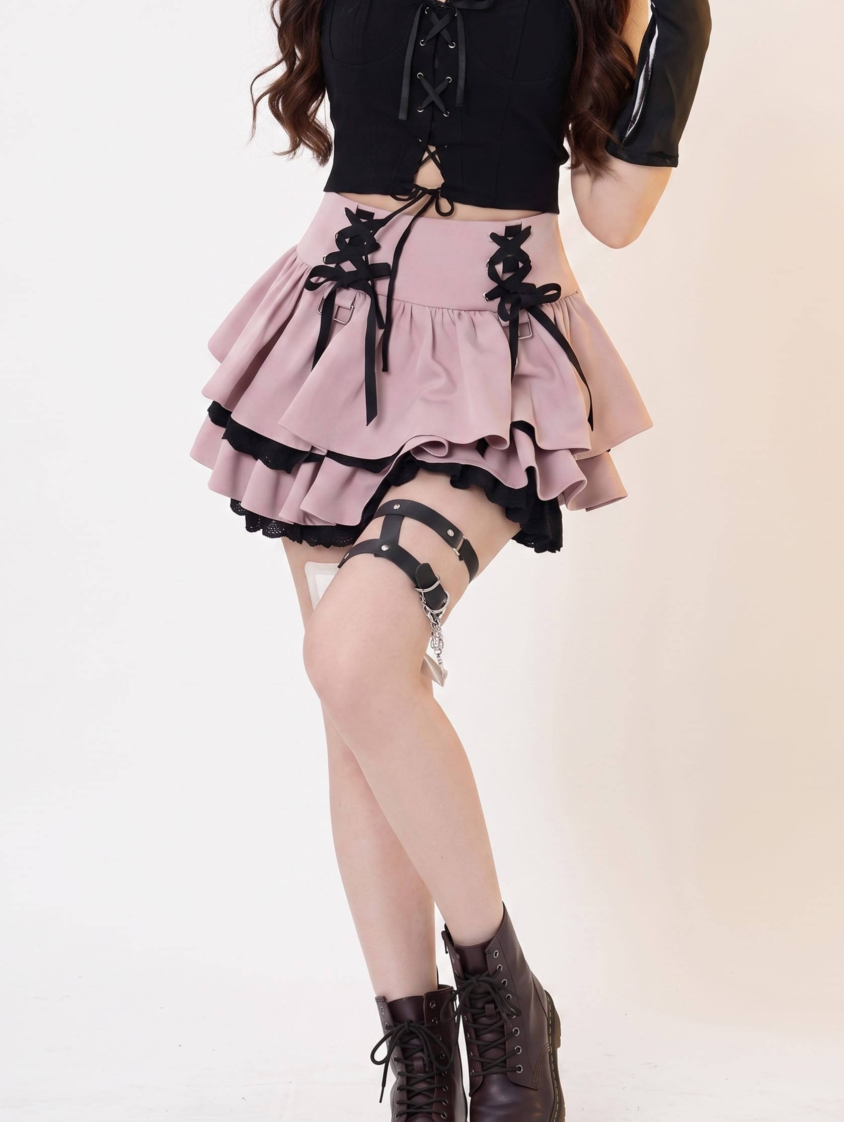 Pink / S K-Fashion Lace Up Cake Skirts