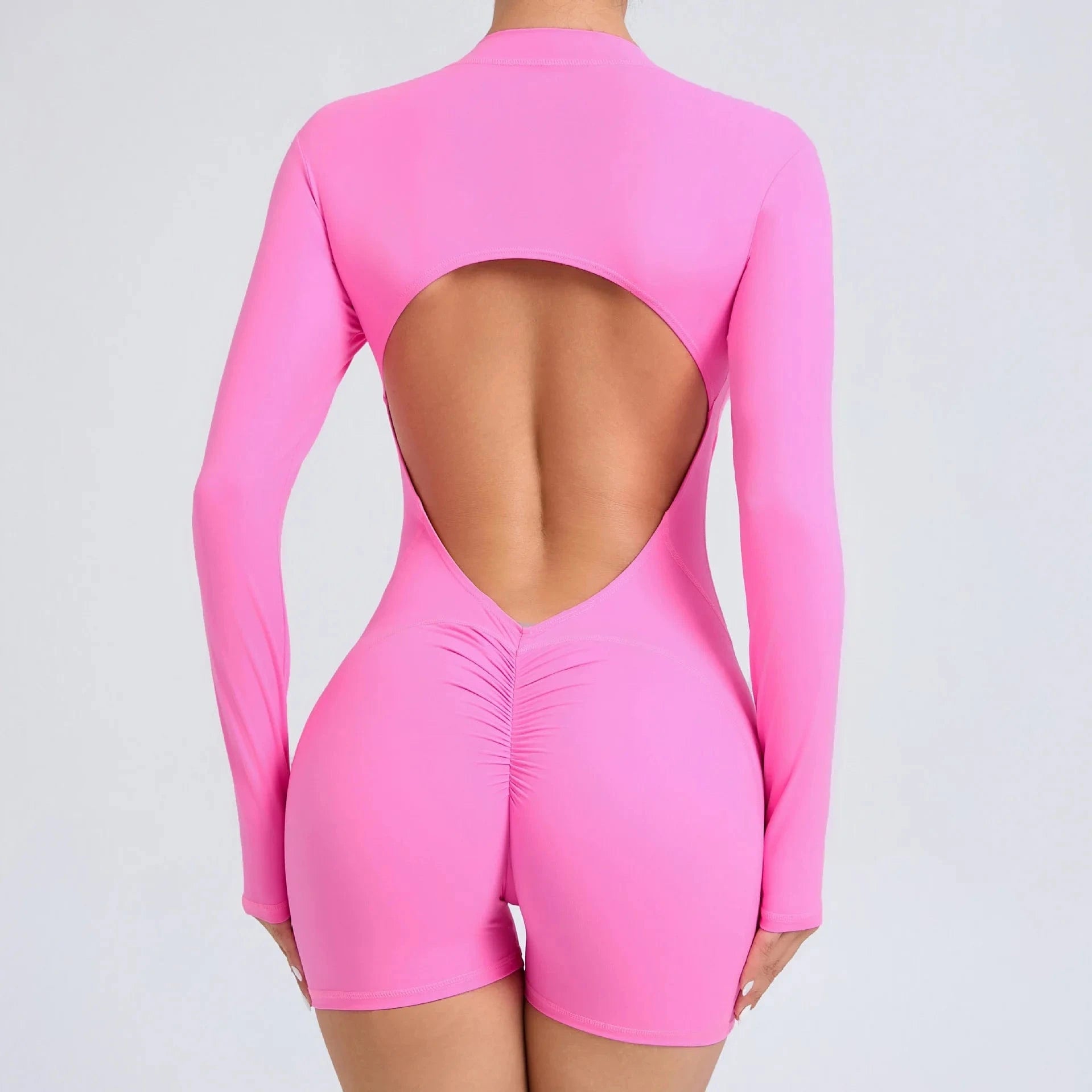 Pink / S Women Backless Open Black Jumpsuit with Shorts / Gym One Piece Suit with Short / Bodycon (Comet)