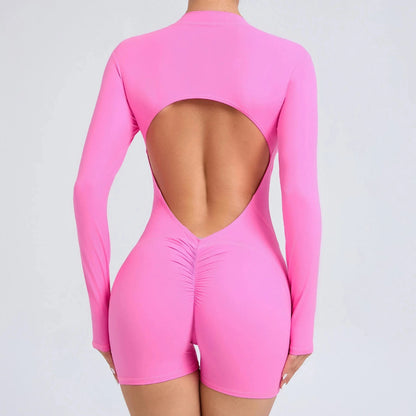 Pink / S Women Backless Open Black Jumpsuit with Shorts / Gym One Piece Suit with Short / Bodycon (Comet)