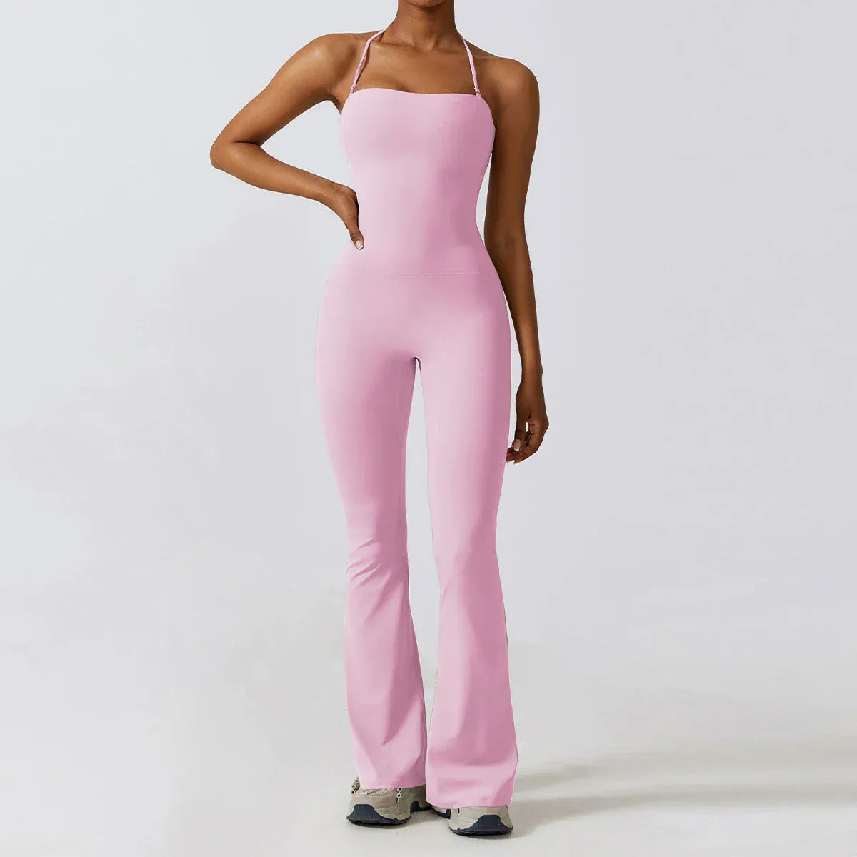 Pink White / XL Women Sleeveless Yoga Jumpsuit/ Gym Flared Overalls (Victorious SynthWave)