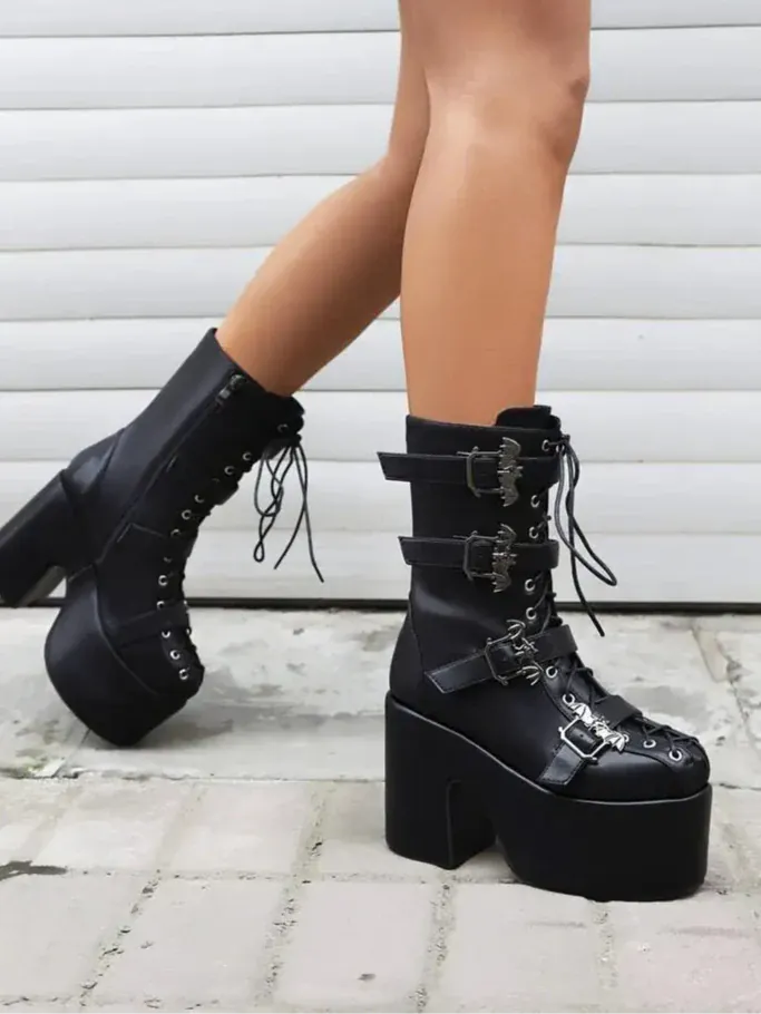 Punk Goth Women Motorcycle Boots Block /High Heels Platform Shoes