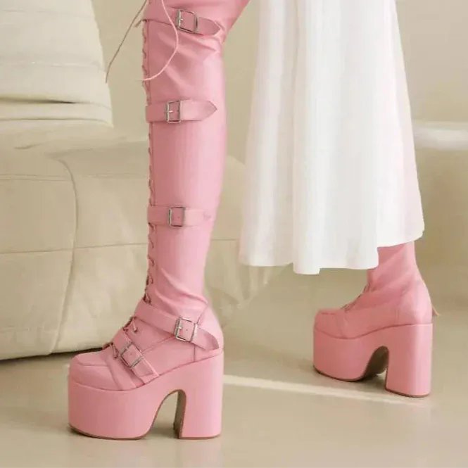 Punk Goth Women Motorcycle Boots Block /High Heels Platform Shoes