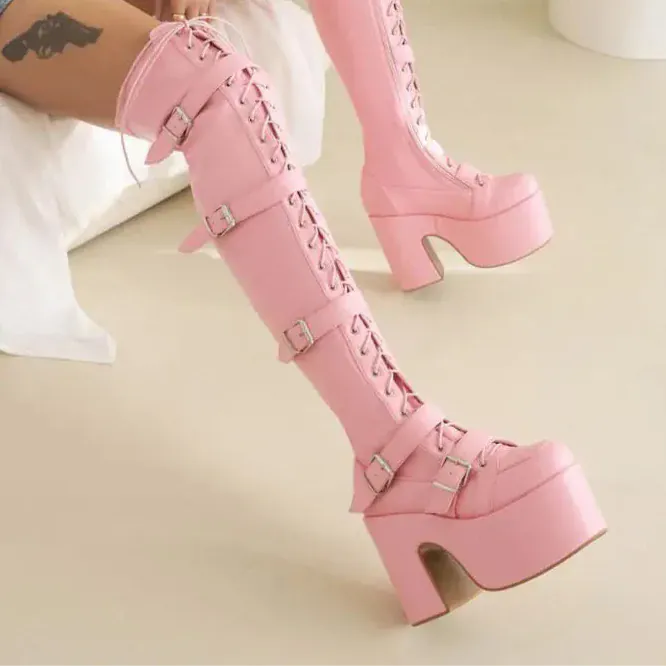 Punk Goth Women Motorcycle Boots Block /High Heels Platform Shoes