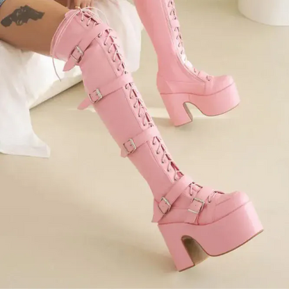 Punk Goth Women Motorcycle Boots Block /High Heels Platform Shoes