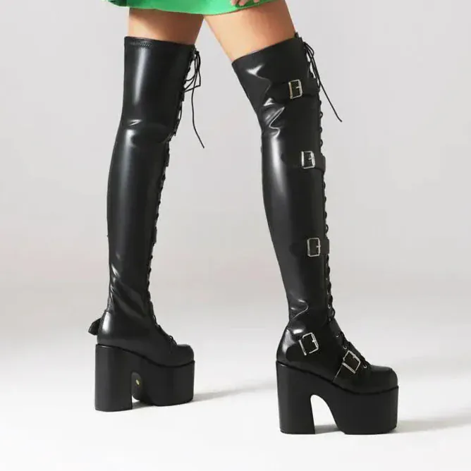 Punk Goth Women Motorcycle Boots Block /High Heels Platform Shoes