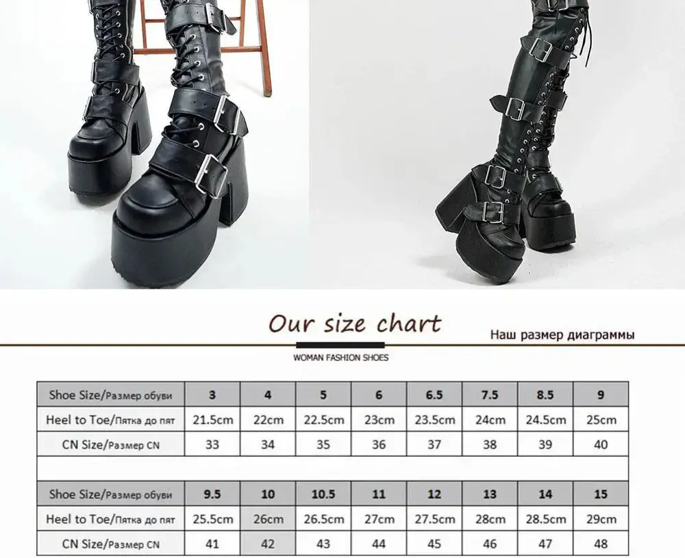 Punk Goth Women Motorcycle Boots Block /High Heels Platform Shoes