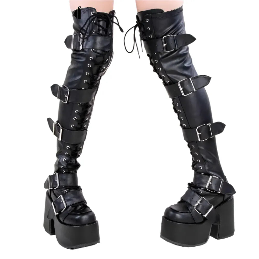 Punk Goth Women Motorcycle Boots Block /High Heels Platform Shoes