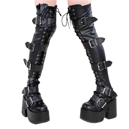 Punk Goth Women Motorcycle Boots Block /High Heels Platform Shoes