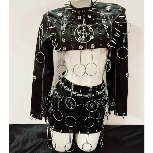 Punk Jacket Leather & Skirt /Full Set Gothic Spikes Outfit
