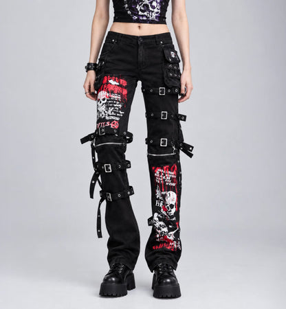 Punk Retro Skull Pattern Jeans / Skeleton Gothic kill Matt Rock Printing Graffiti Pants