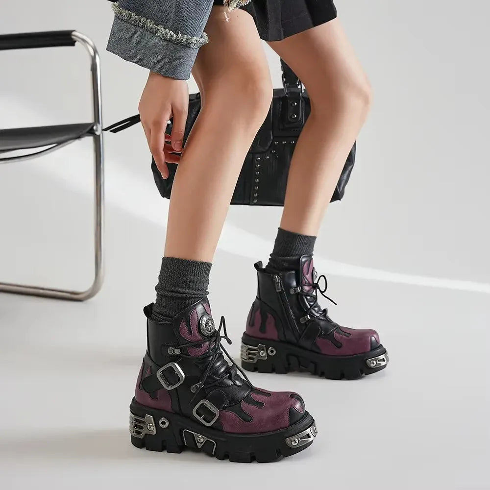 Punk Style Lace Women Ankle Shoes 6.5cm Heel Height
