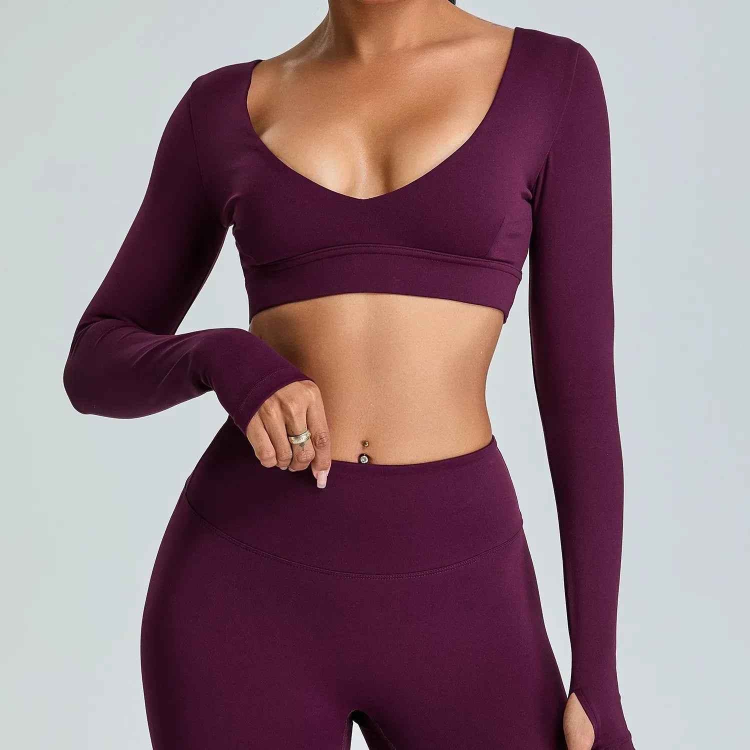 Purple red / S V Neck Long Sleeve Yoga Shirt