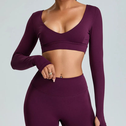 Purple red / S V Neck Long Sleeve Yoga Shirt