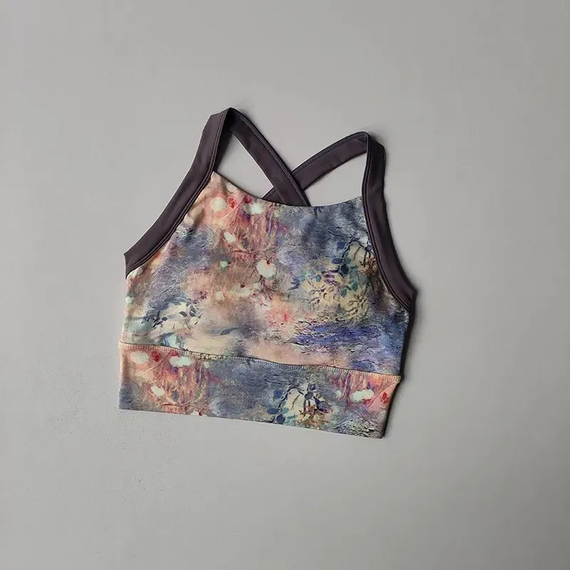 Purple / S Women Cross Strap Nature Pattern Sports Bra/ Yoga Gym Crop Top