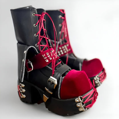 Red / 33 Punk Rock Ankle Boots / Patchwork Vegan Leather