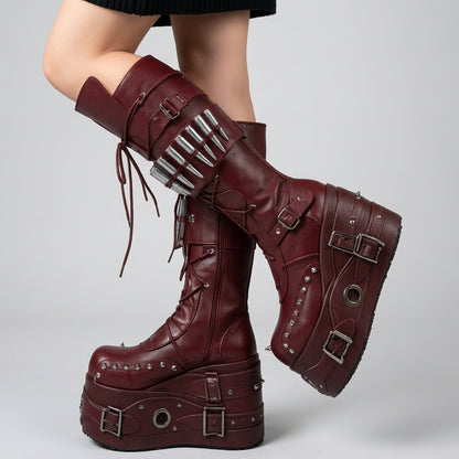 red / 44 Metal Decor Platform Boots Knee High Women Leather Spikes Buckle Lace Up Front Goth Punk Rock Motorcycle Combat Boot Fashion New