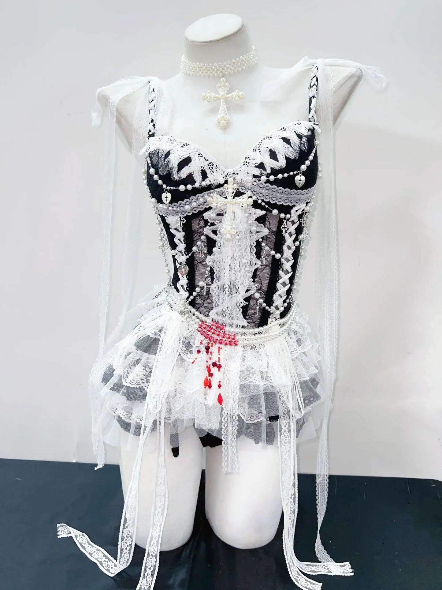 Red Details / S Gothic White Kawaii Corset Tops / Women's Gothic Outfit Kawaii
