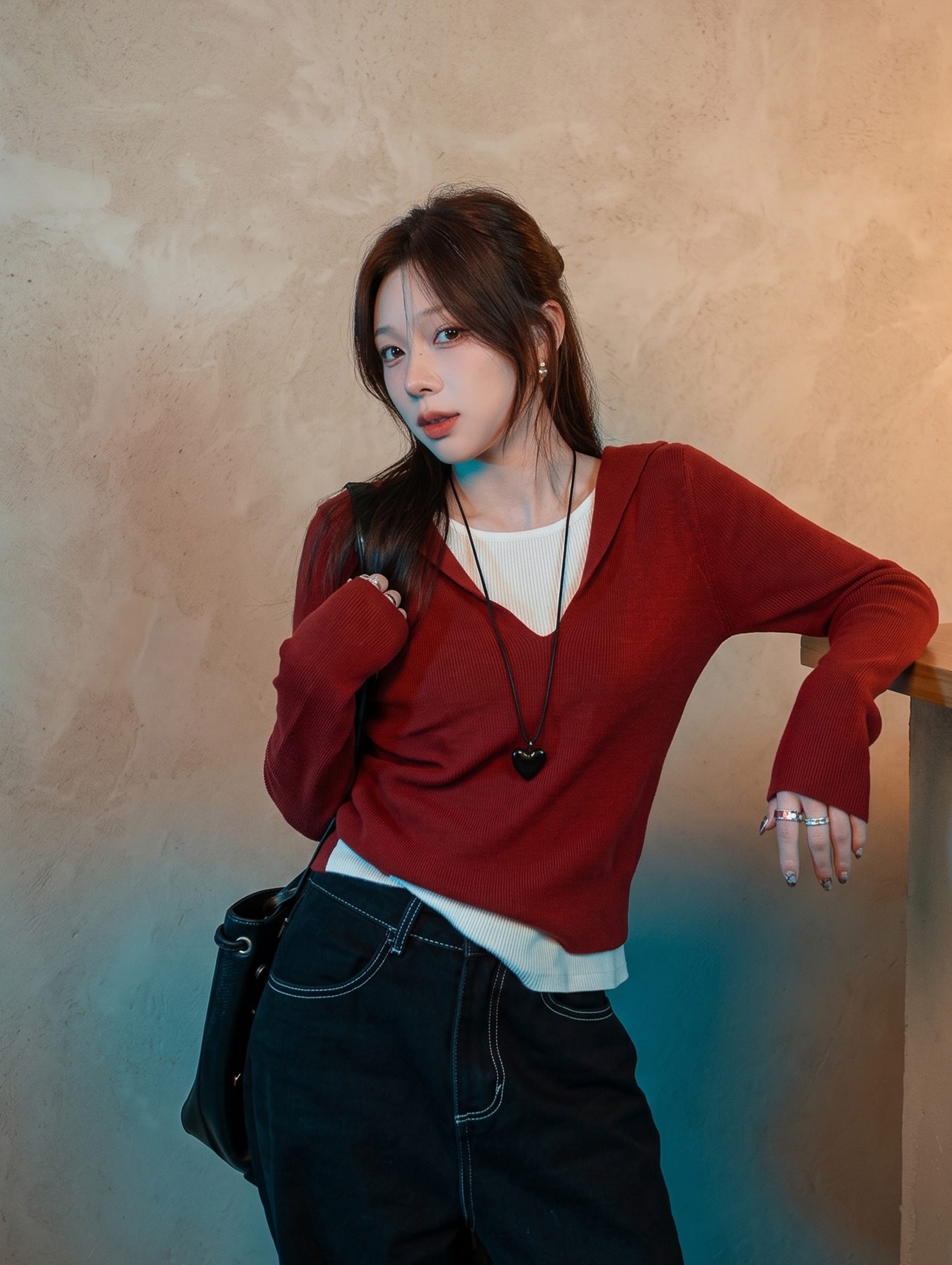 Red Knit Cardigan Sweater / S Encore Ribbed V-Neck Combo W/ Wide-Leg Set