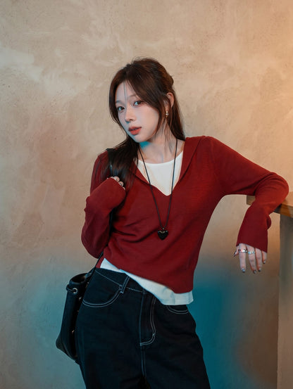Red Knit Cardigan Sweater / S Encore Ribbed V-Neck Combo W/ Wide-Leg Set