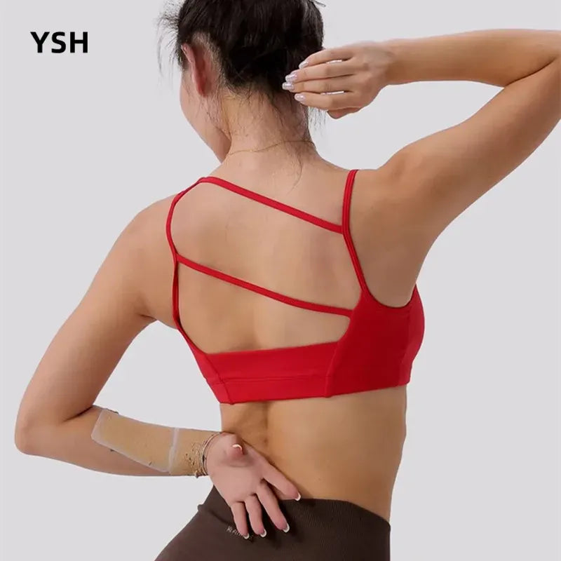 Red / L Women's Asymmetric Shoulder Straps Yoga Bra (Victorious SyncWear)