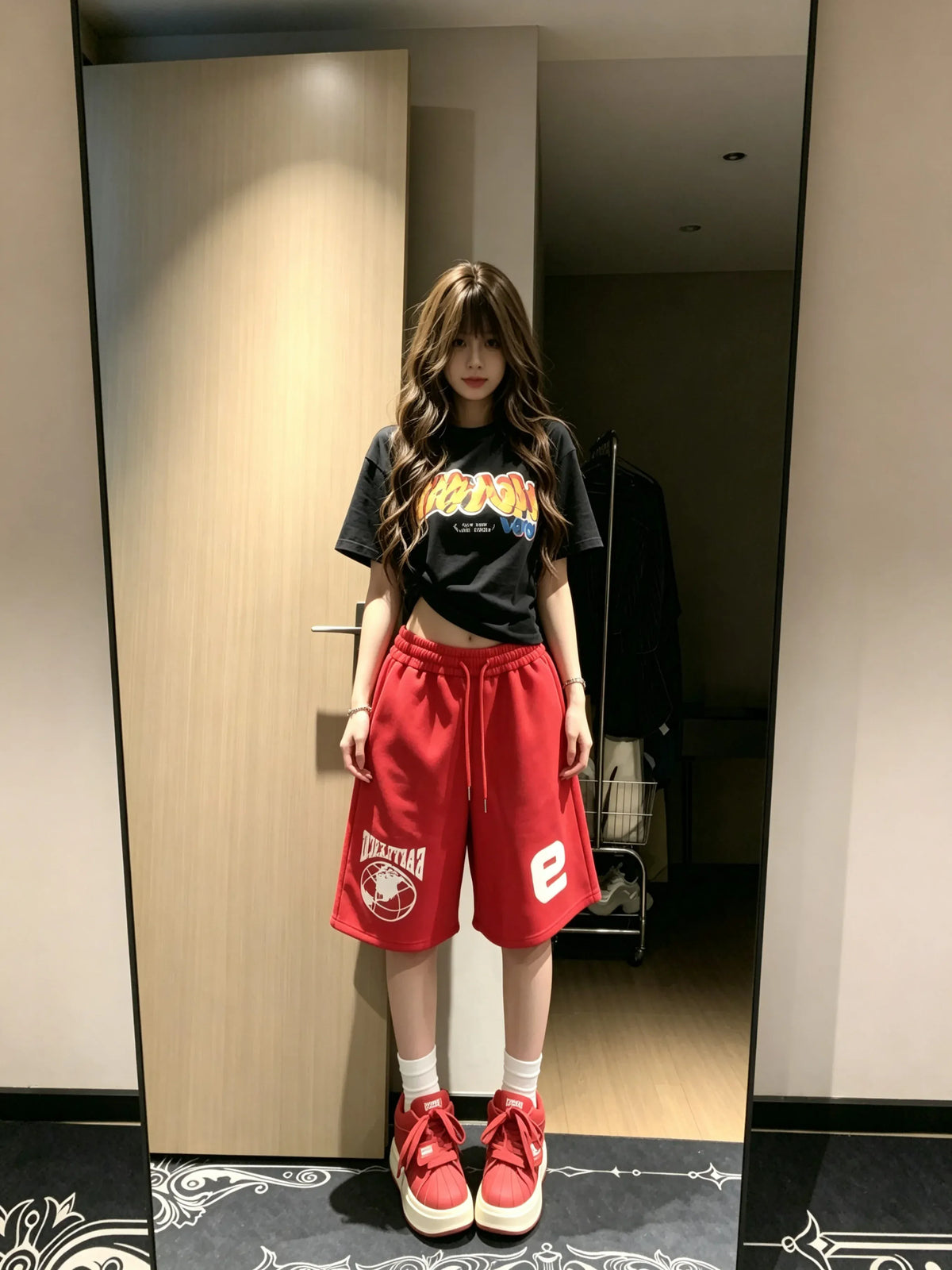 Red Lettering Sports Shorts Women's High Waist A-Line Casual Pants American Retro Five-Quarter Length Small Stature