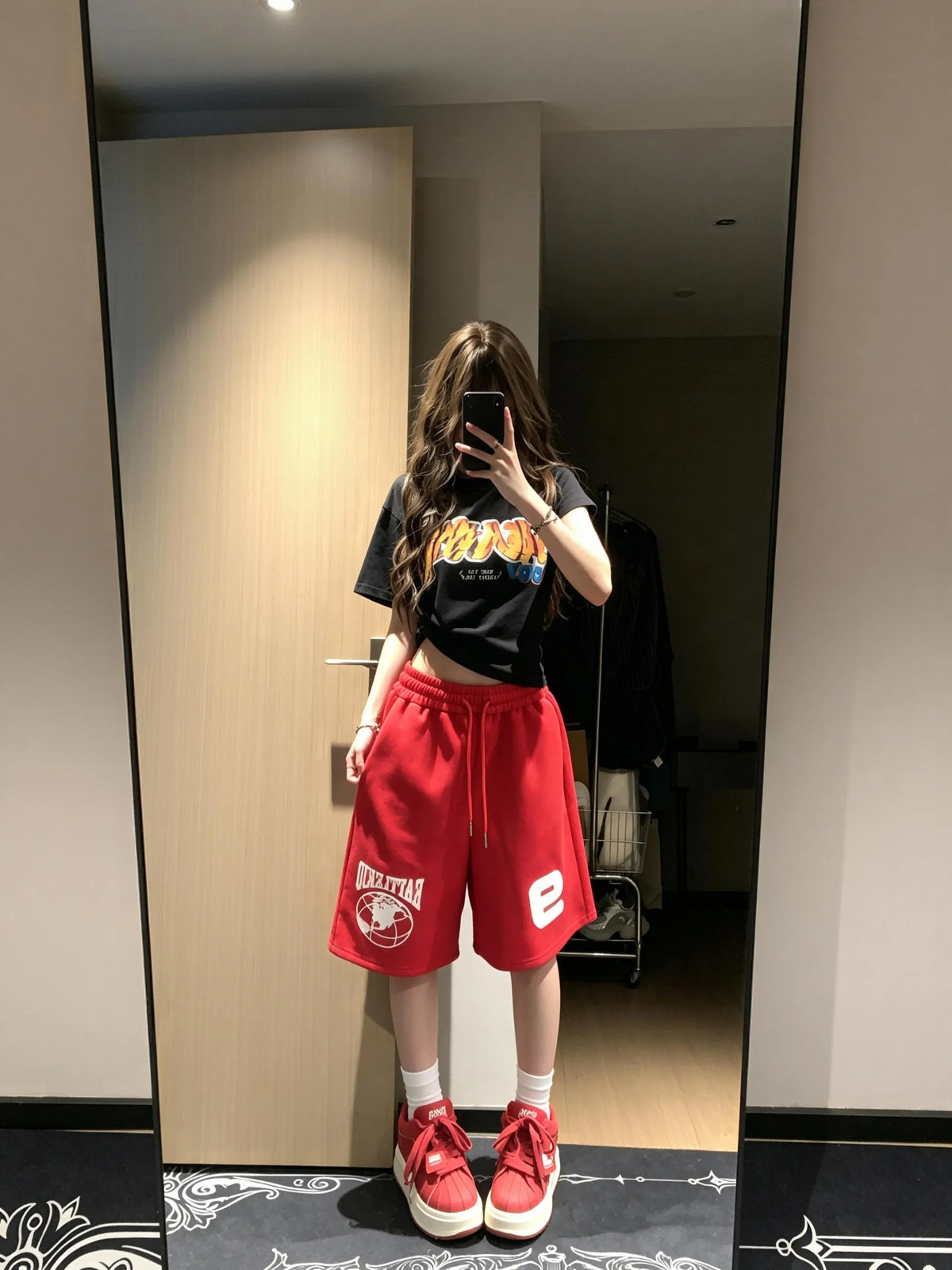 Red Lettering Sports Shorts Women's High Waist A-Line Casual Pants American Retro Five-Quarter Length Small Stature