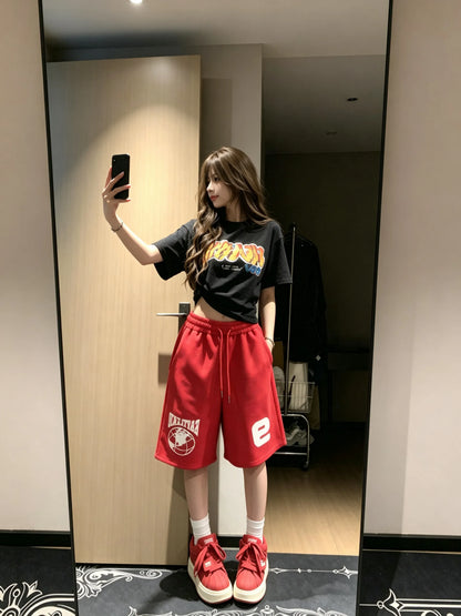 Red Lettering Sports Shorts Women's High Waist A-Line Casual Pants American Retro Five-Quarter Length Small Stature