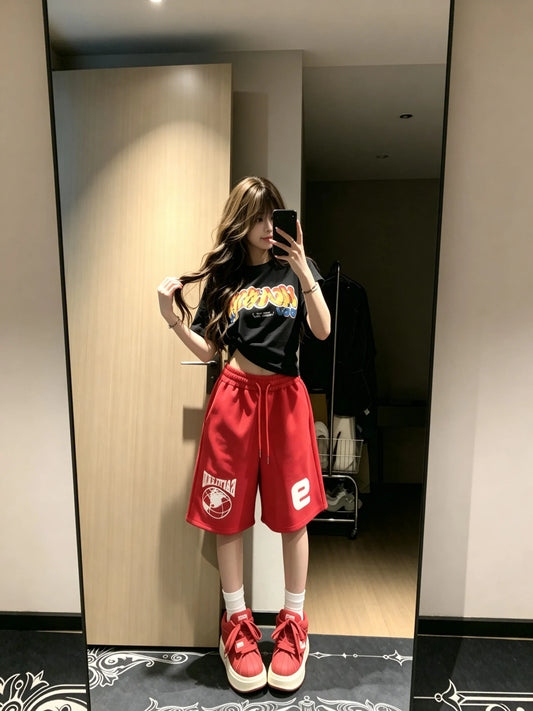 Red Lettering Sports Shorts Women's High Waist A-Line Casual Pants American Retro Five-Quarter Length Small Stature