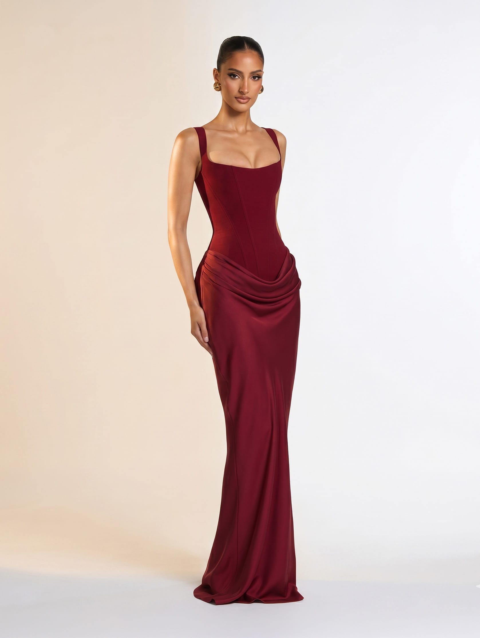 Red Long Dress / S Square Low Neck Prom Dress/ Solid Pleated Sling Dress